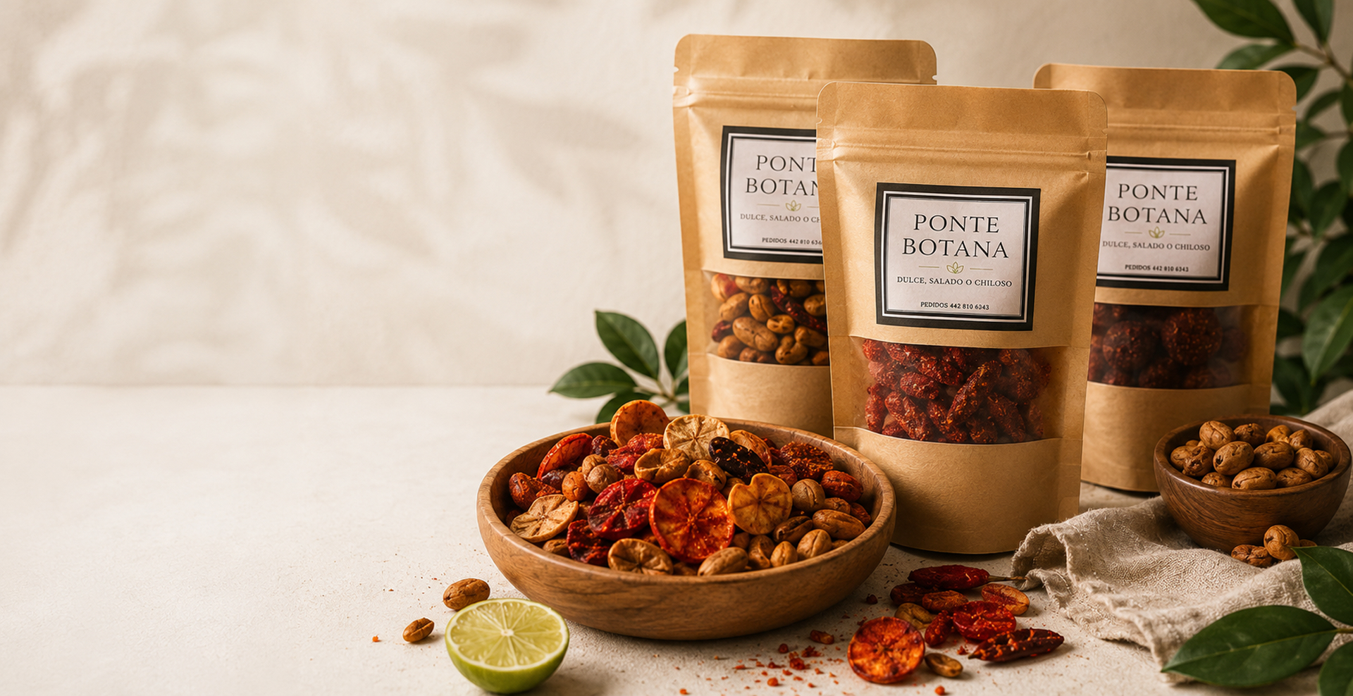 Three Ponte Botana snack pouches beside a wooden bowl of dried fruit and nuts