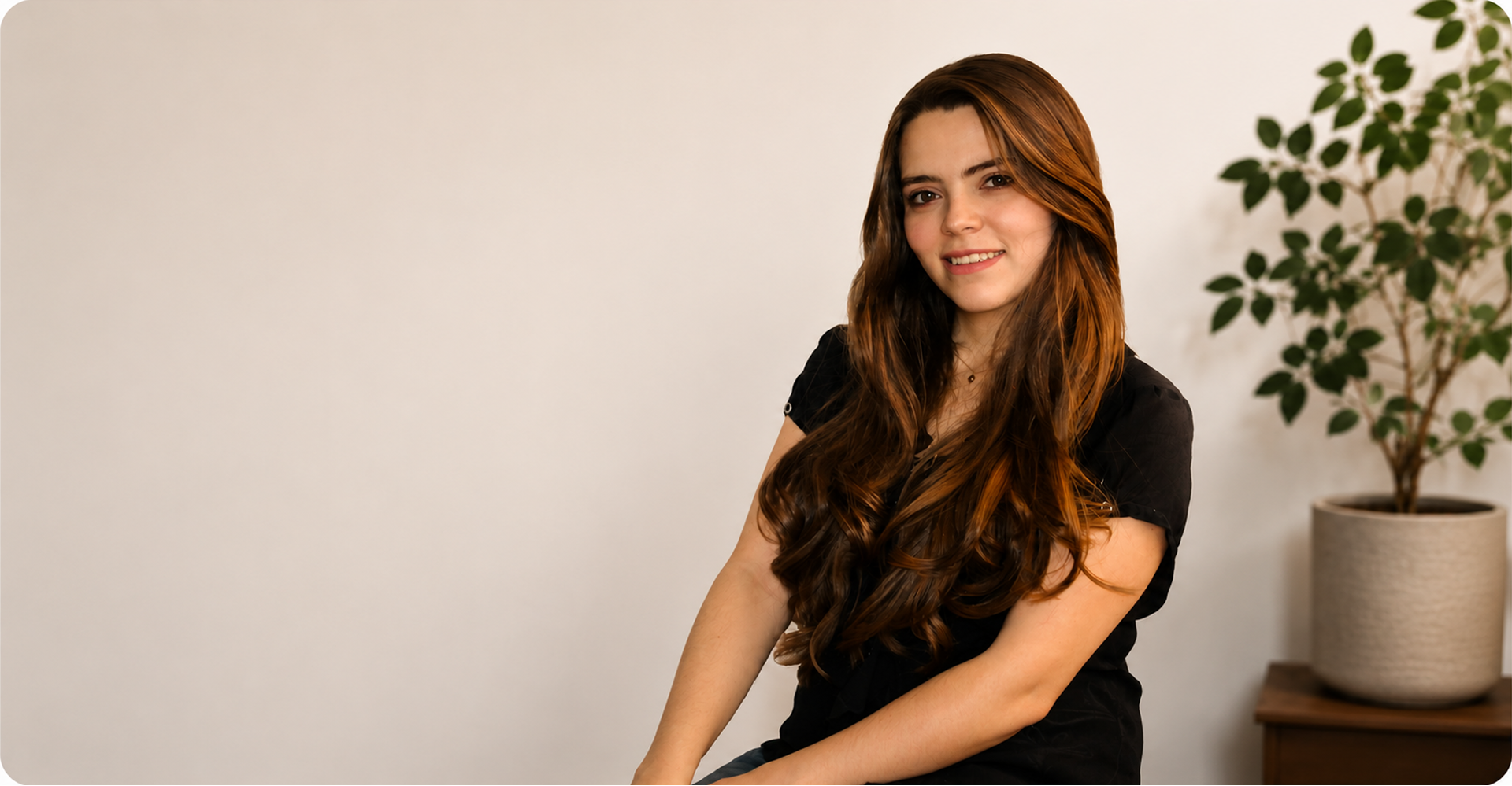 Mariana Capilla sitting beside a plant in a bright, minimal room