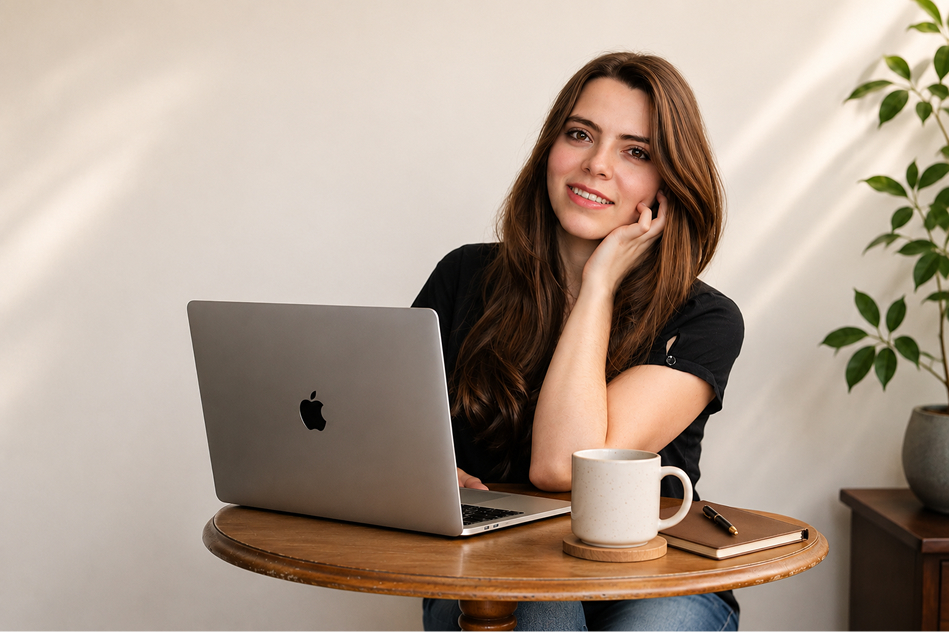 Mariana Capilla working on a laptop at a wooden table
