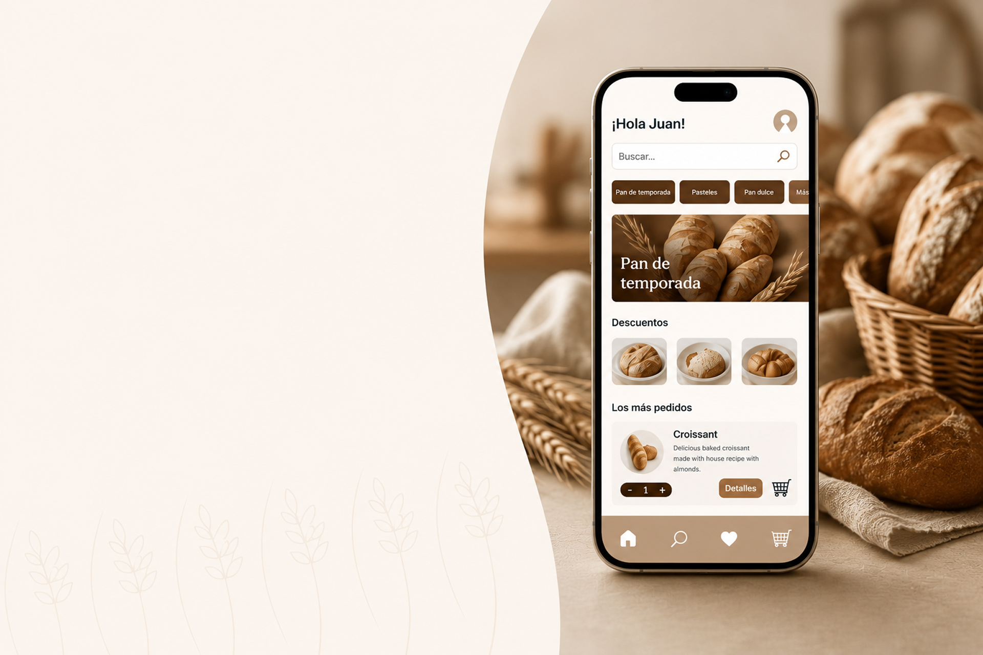 Bread & Coffee mobile app shown on a phone beside freshly baked bread