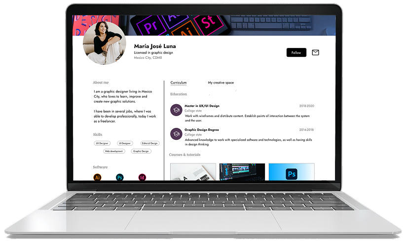 Design Too designer profile shown on a laptop