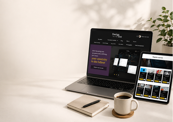 Design Too platform shown on a laptop and tablet on a warm neutral desk