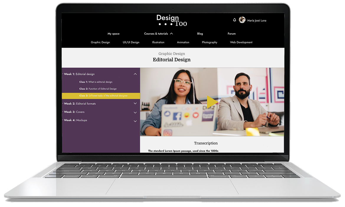 Design Too platform shown on a laptop: course navigation sidebar with weekly lessons and a video lesson with transcription